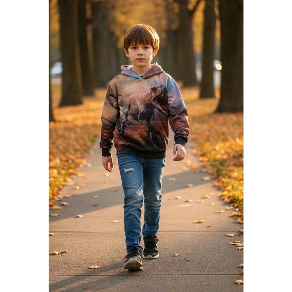 Boy's T REX Dinosaur Hoodie With Pockets Sweatshirt Back Front Print Size 14